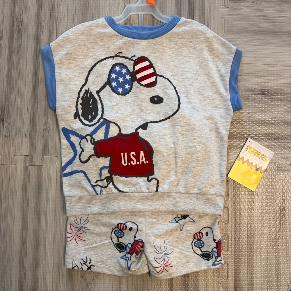 Peanuts Snoopy USA Shorts Set Kids 4T Grey Patriotic Fourth of July Outfit NEW